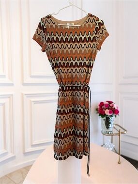 Tacera Missoni Style Chevron Knit Belted‎ Midi Dress Small